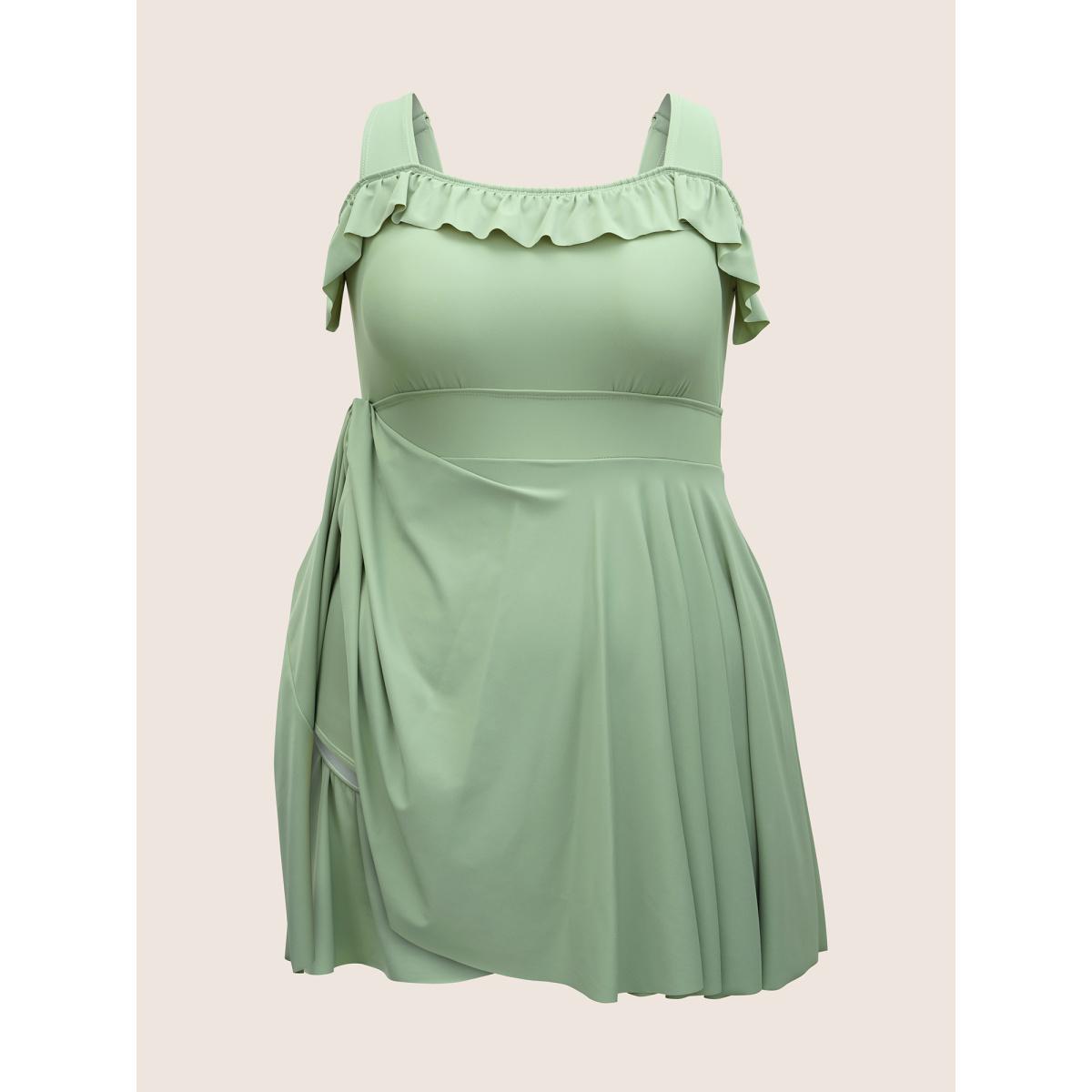 Plus Size Solid Ruffles Gathered Adjustable Straps Swim Dress Women's Swimwear LightGreen Beach Bodycon Strapless High stretch Curve Swim Dresses BloomChic 10/M Product Image