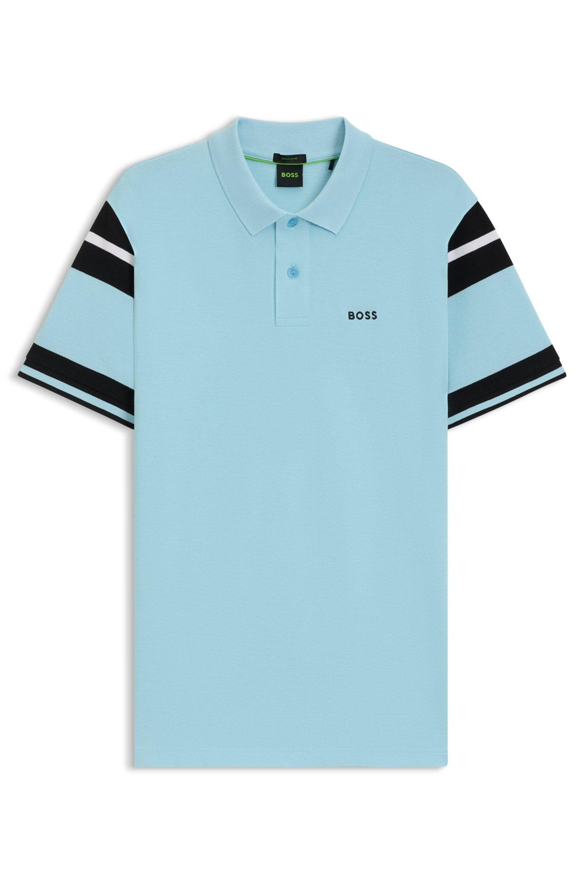 BOSS - Slim-fit polo shirt in cotton with block stripes - Light Blue Product Image