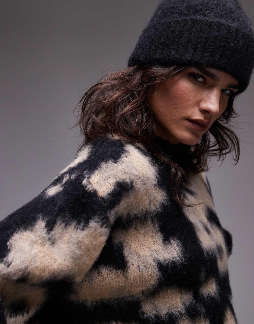 Topshop knitted blur floral animal oversized sweater in neutral Product Image