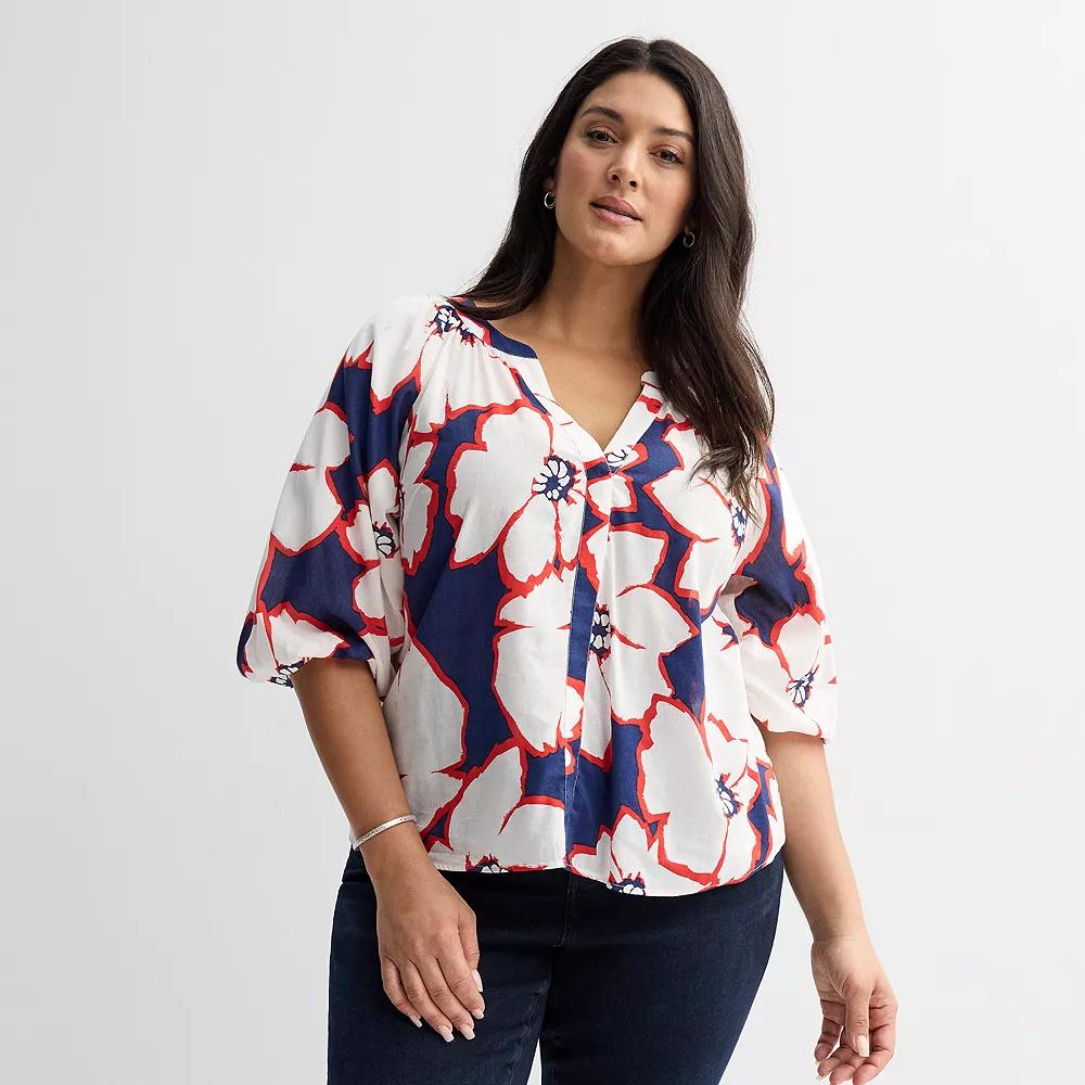 Plus Size Sonoma Goods For Life® Shirred Y-Neck Balloon Sleeve Blouse, Women's, Size: 1XL, Blue Brush Floral Product Image