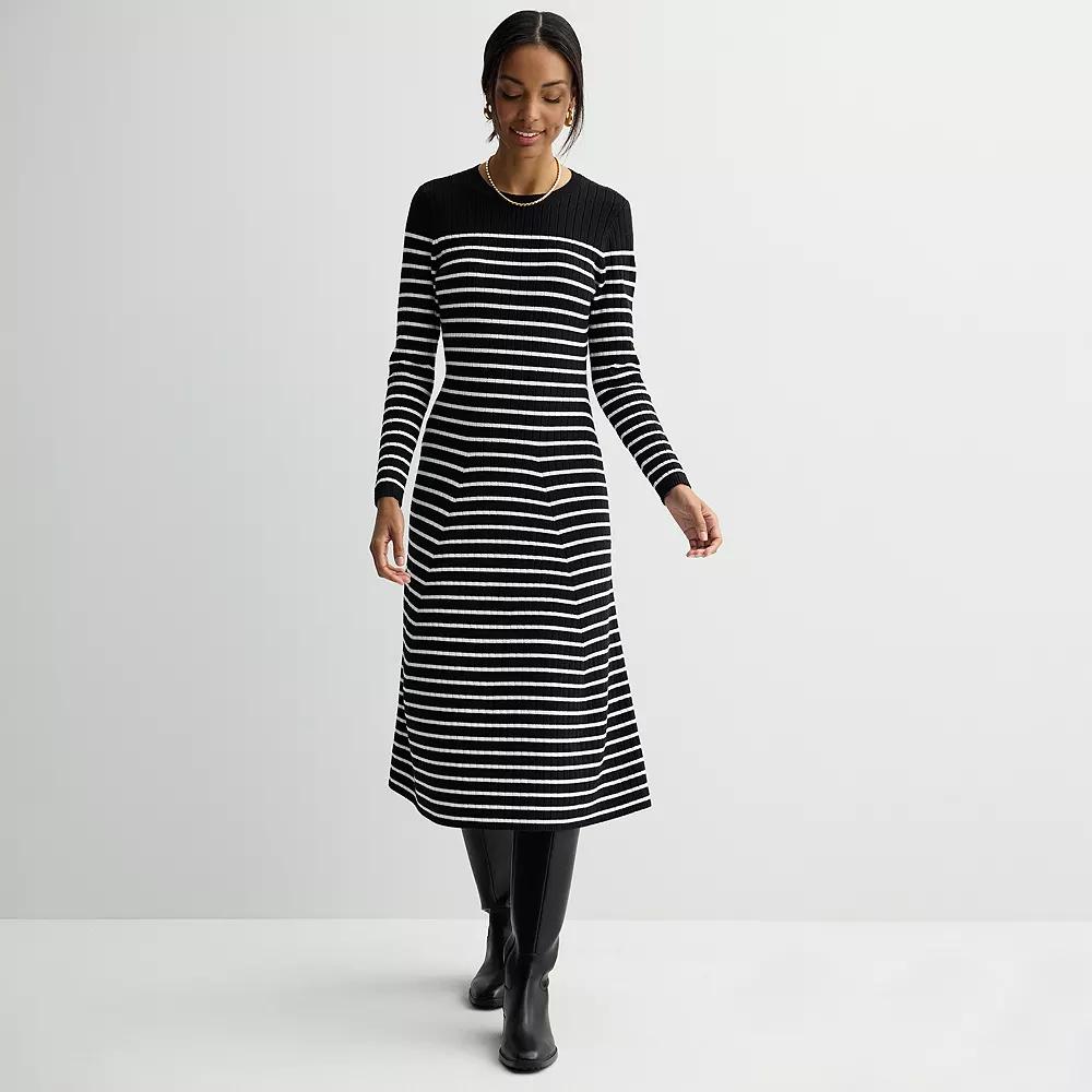 Women's Nine West Flare Sweater Dress, Size: Large, Black Stripe Product Image