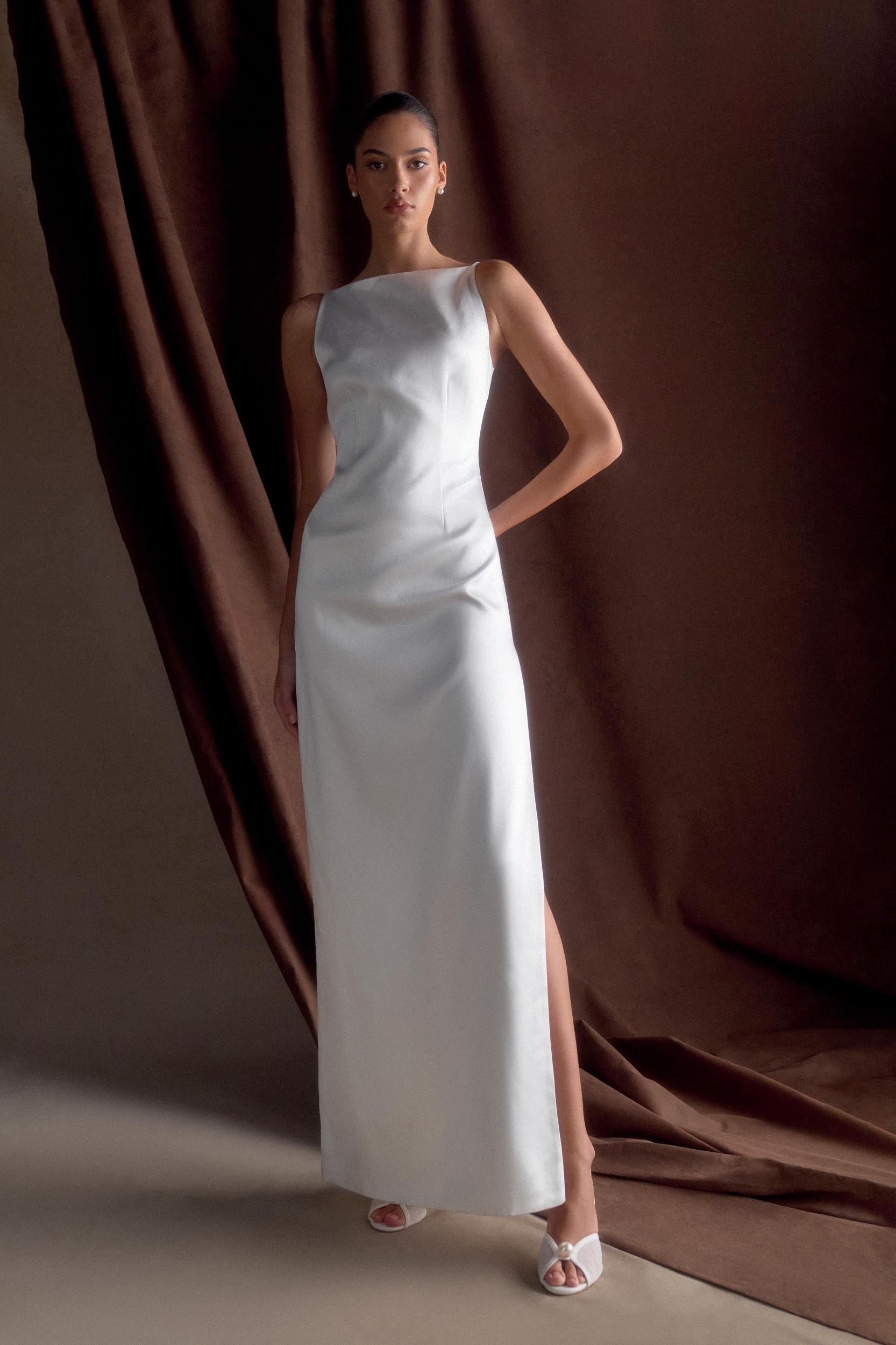 Violet Sleeveless Satin Maxi Dress - White Product Image