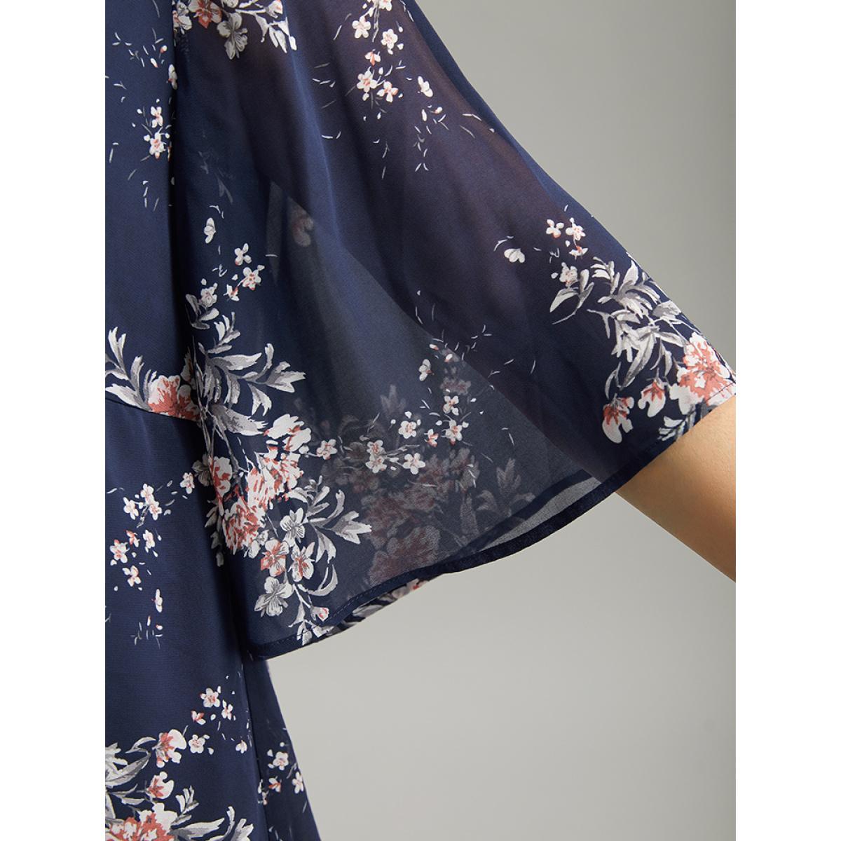 Plus Size Indigo Chiffon Floral Print Frill Trim Ruffle Blouse Women Elegant Half Sleeve V-neck Dailywear Blouses BloomChic 10/M Product Image