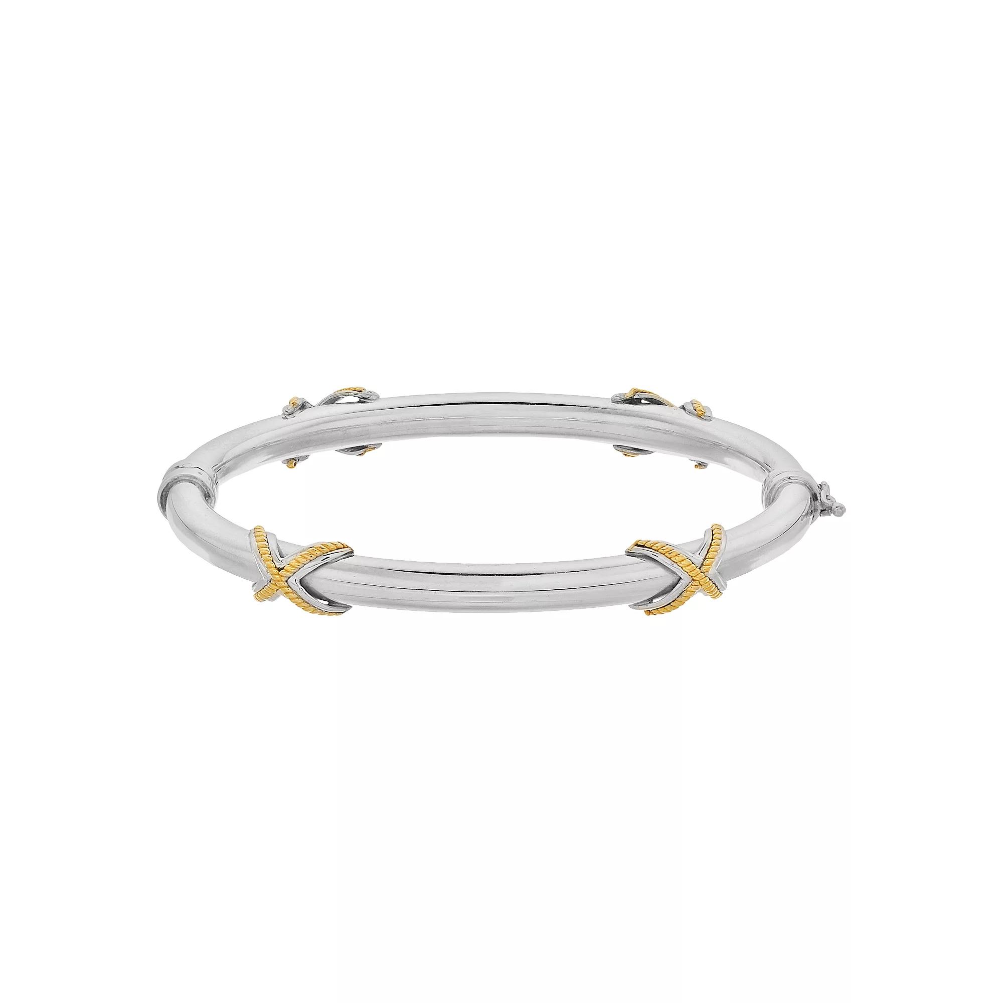 Two Tone Sterling Silver "X" Bangle Bracelet, Women's Product Image
