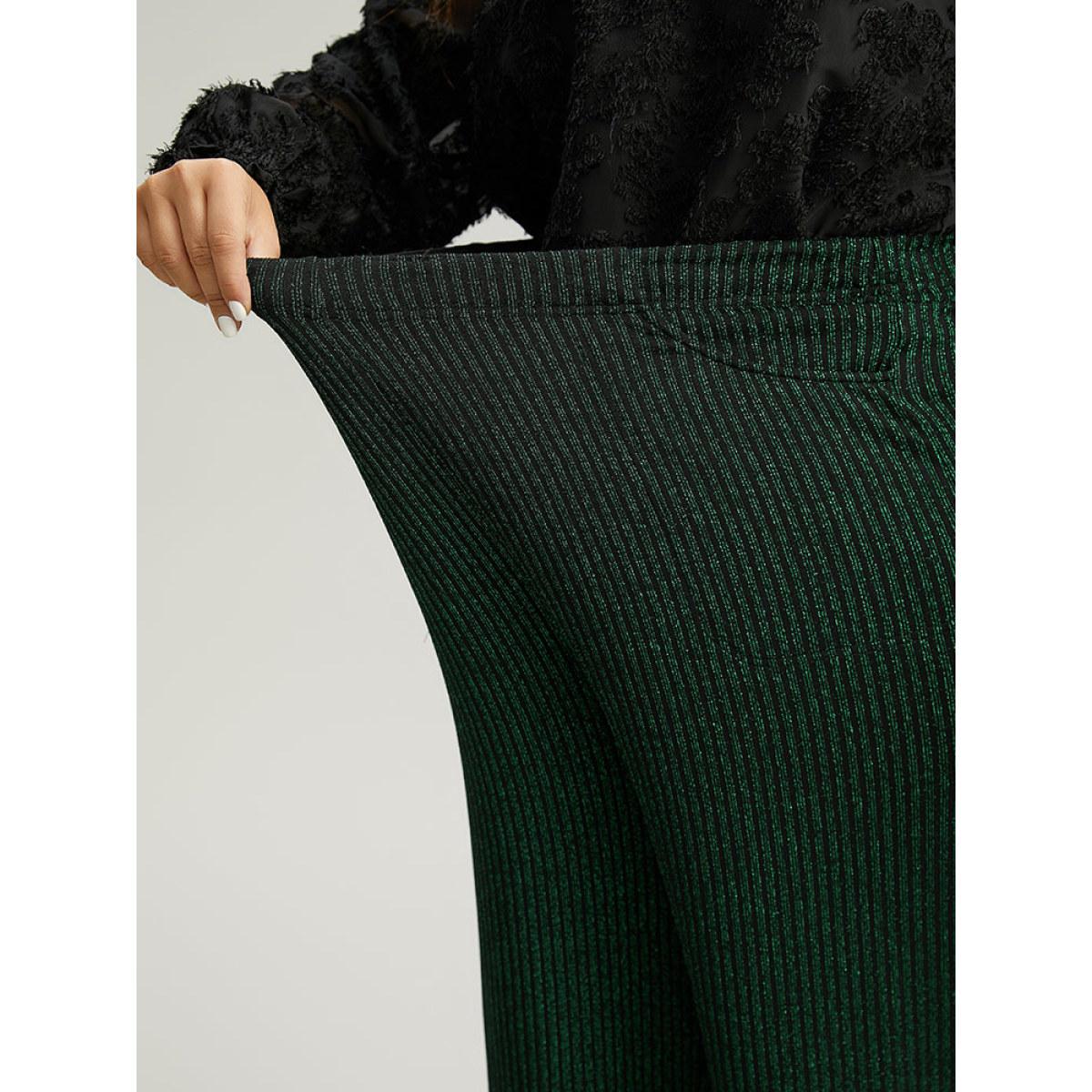 Plus Size Plain Texture Luxe Elastic Waist Straight Leg Pants Women Green Glamour Straight Leg High Rise Festival-Christmas Pants BloomChic 30/6X Product Image