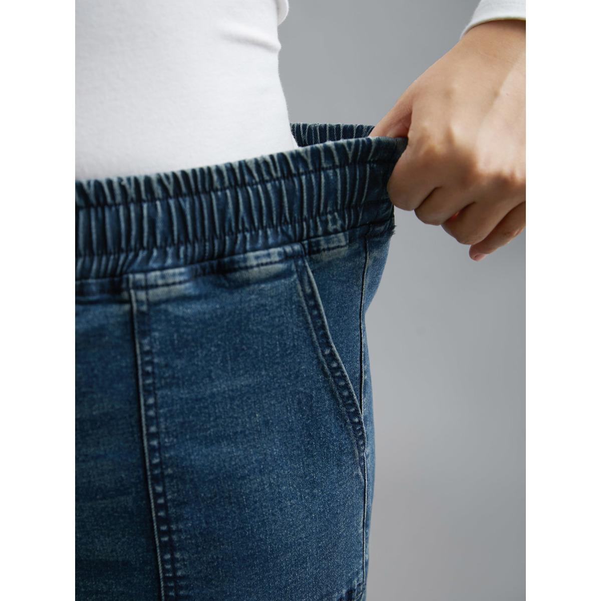 Plus Size Drawstring Stretchy Waist Pocket Jeans Women Denimindigo Casual Drawstring Medium stretch Slanted pocket Jeans BloomChic 18/2X Product Image