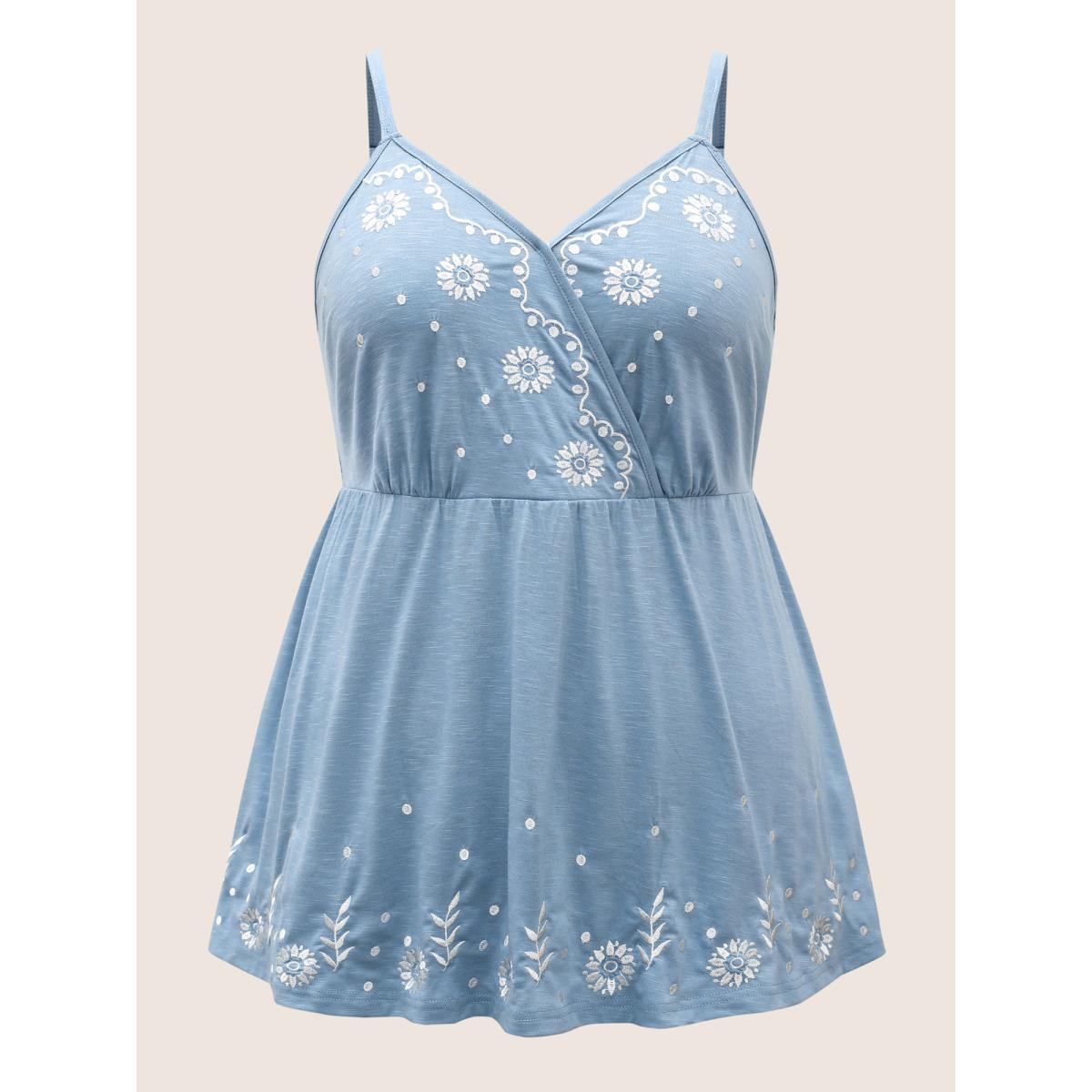 Plus Size Floral Embroidered Overlap Collar Shirred Cami Top Women Stone Resort Overlapping Overlap Collar Vacation Tank Tops Camis BloomChic 10/M Product Image