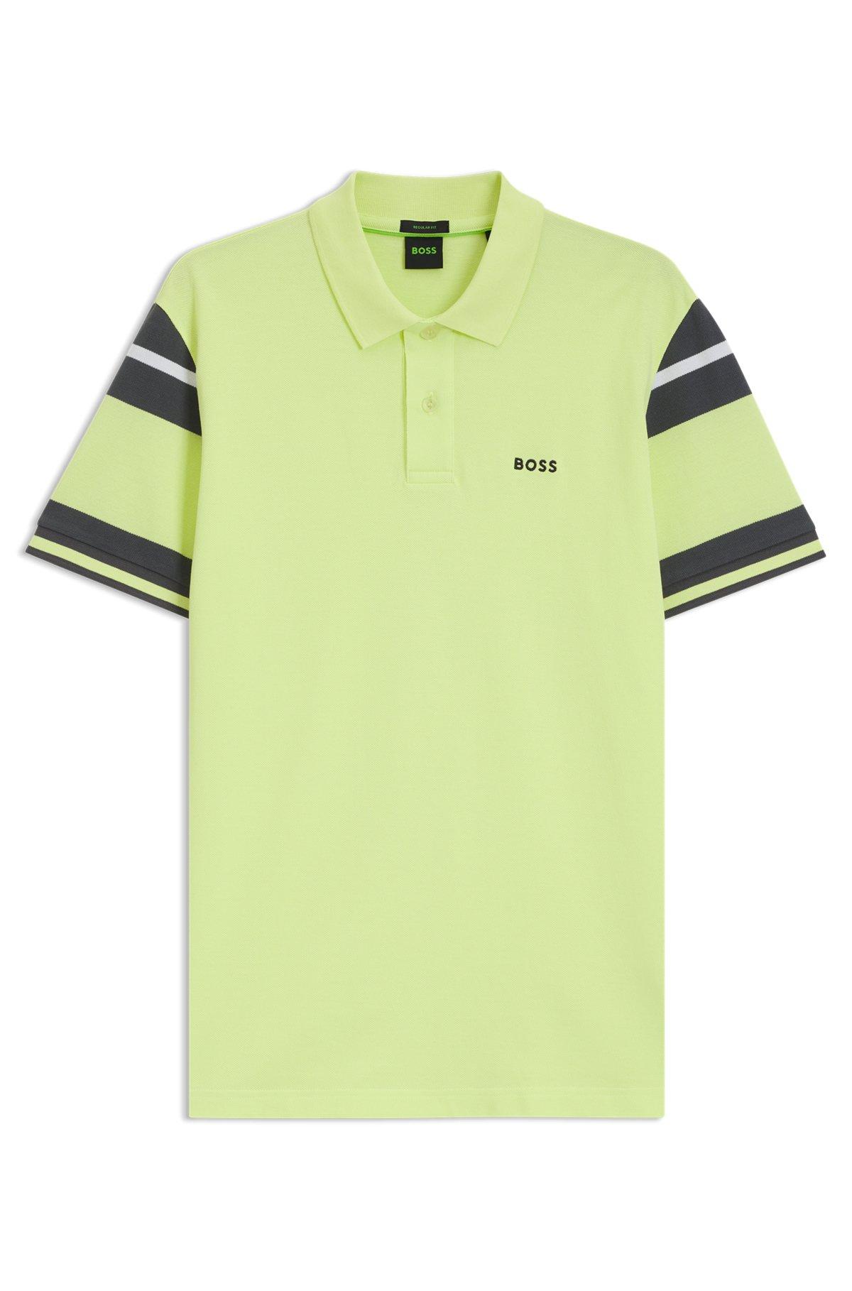 BOSS - Slim-fit polo shirt in cotton with block stripes - Light Green Product Image