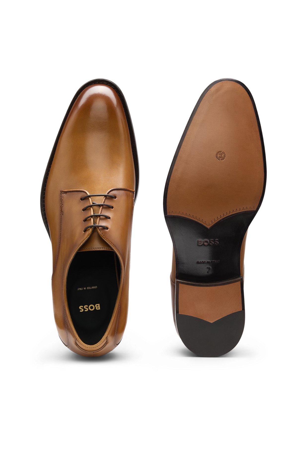 BOSS - Burnished-leather Derby shoes with stitch details - Brown Product Image