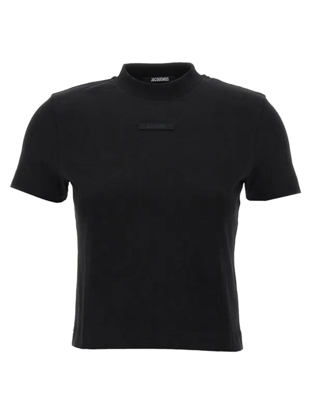 JACQUEMUS Black Fitted T-shirt With Logo Patch In Stretch Cotton Woman Product Image