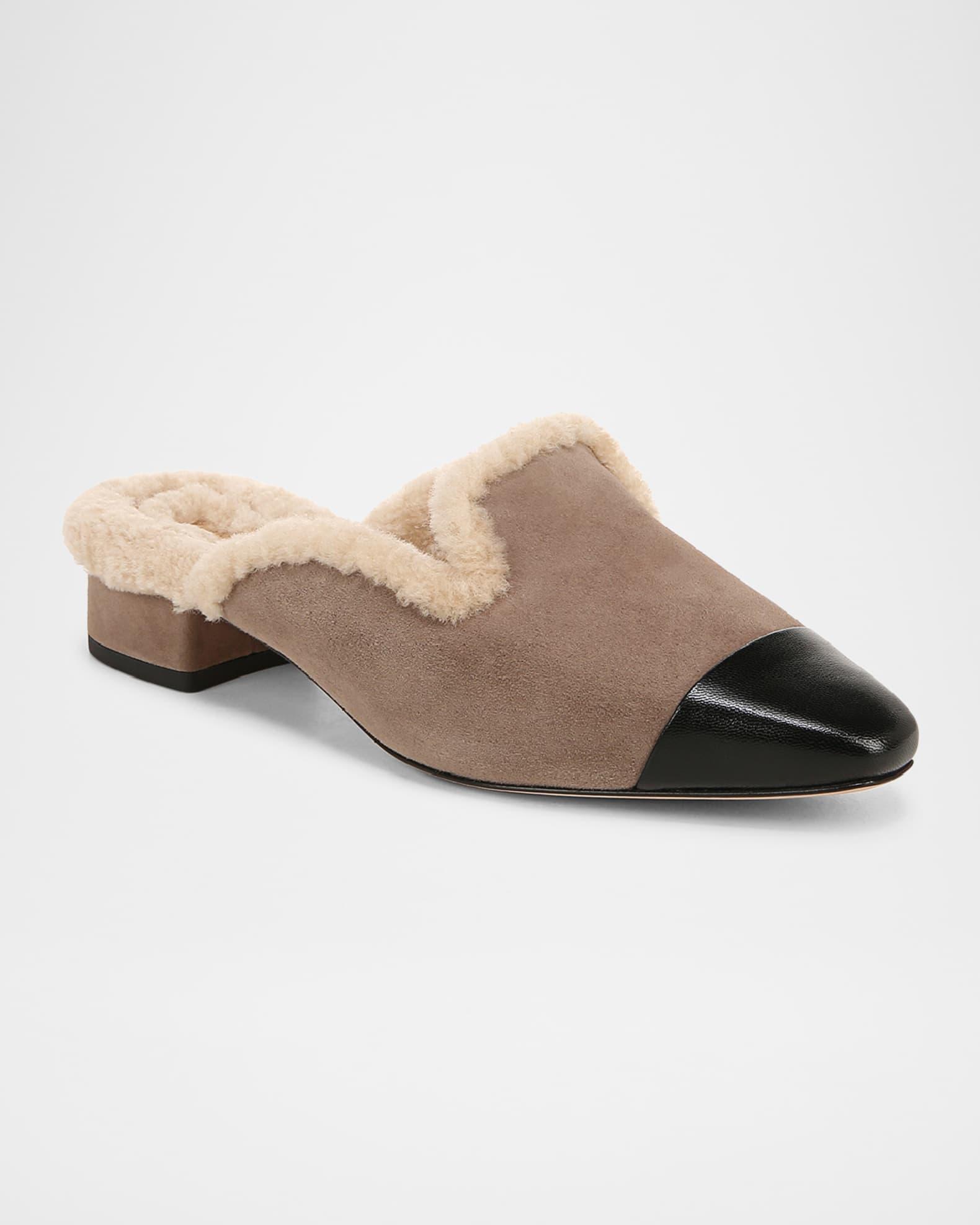Cecile Suede Shearling Cap-Toe Mules Product Image