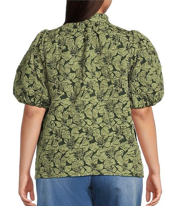 Sugarlips Plus Short Sleeve Floral Jacquard Split Neck Top Product Image