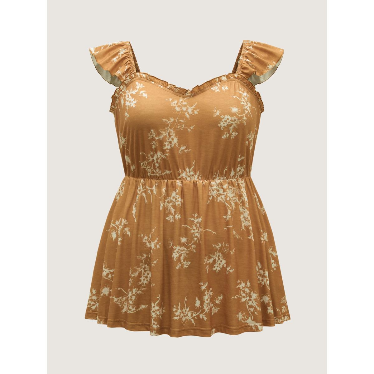 Plus Size Silhouette Floral Flutter Tank Top Women Tan Gathered Heart neckline Everyday-Elegant Tank Tops Camis BloomChic 10/M Product Image