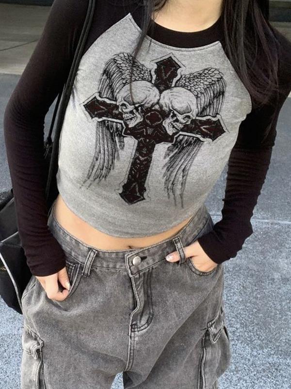 Skull Cross Print Raglan Long Sleeve Knit Product Image