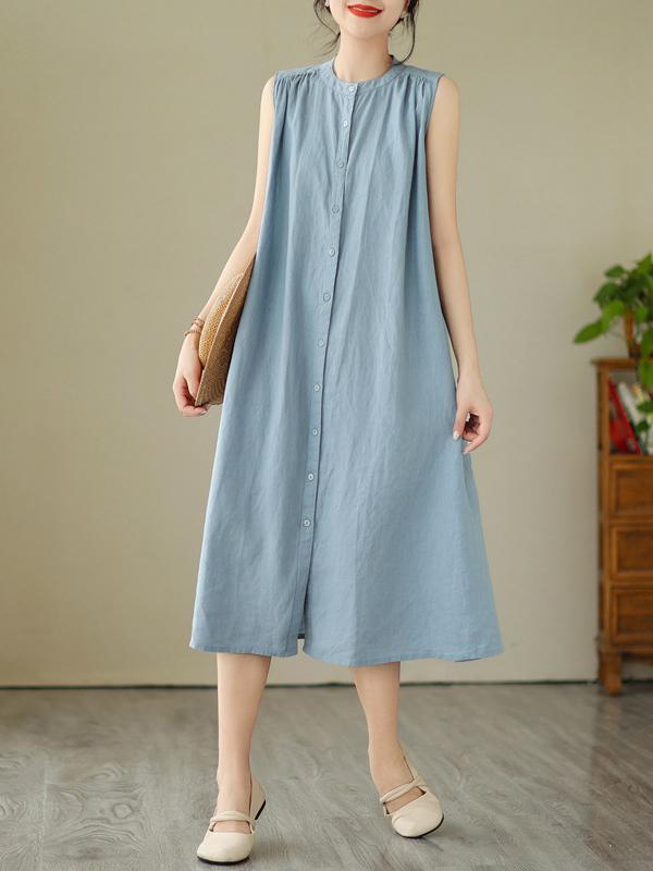 A-Line Sleeveless Buttoned Pleated Solid Color Round-Neck Midi Dresses Product Image