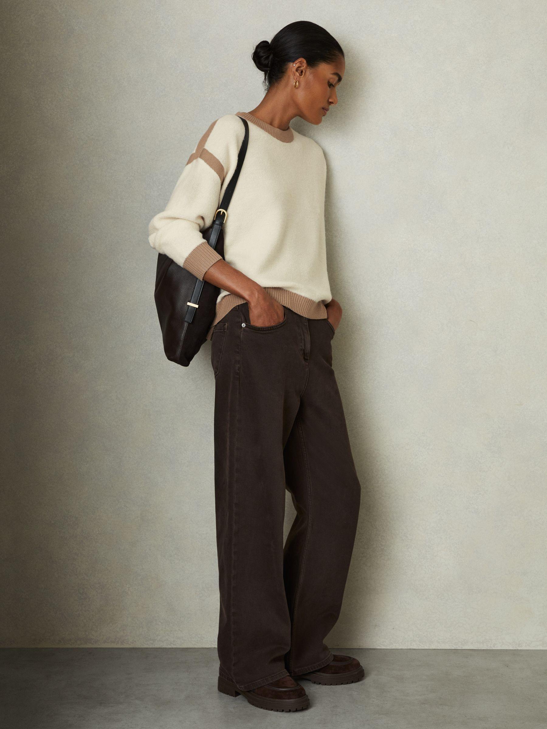 Wool Colourblock Crew Neck Jumper in Cream/Camel Product Image