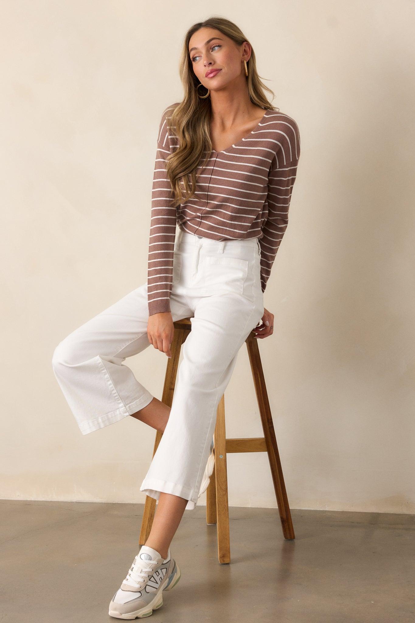 Unapologetically You Light Mocha Stripe Sweater Top Product Image