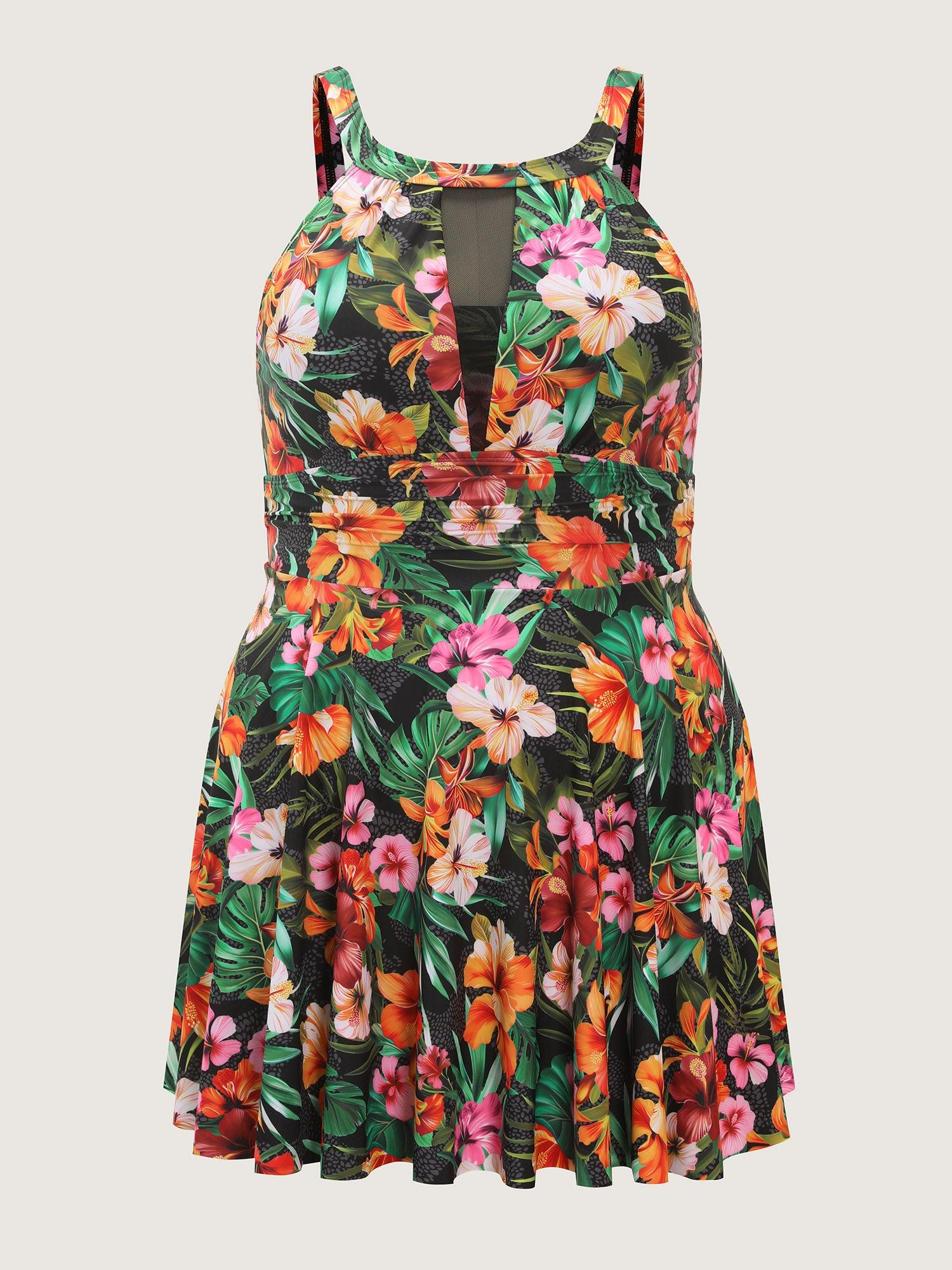 Tropical Floral Print Hip Coverage Swim Dress Female Product Image