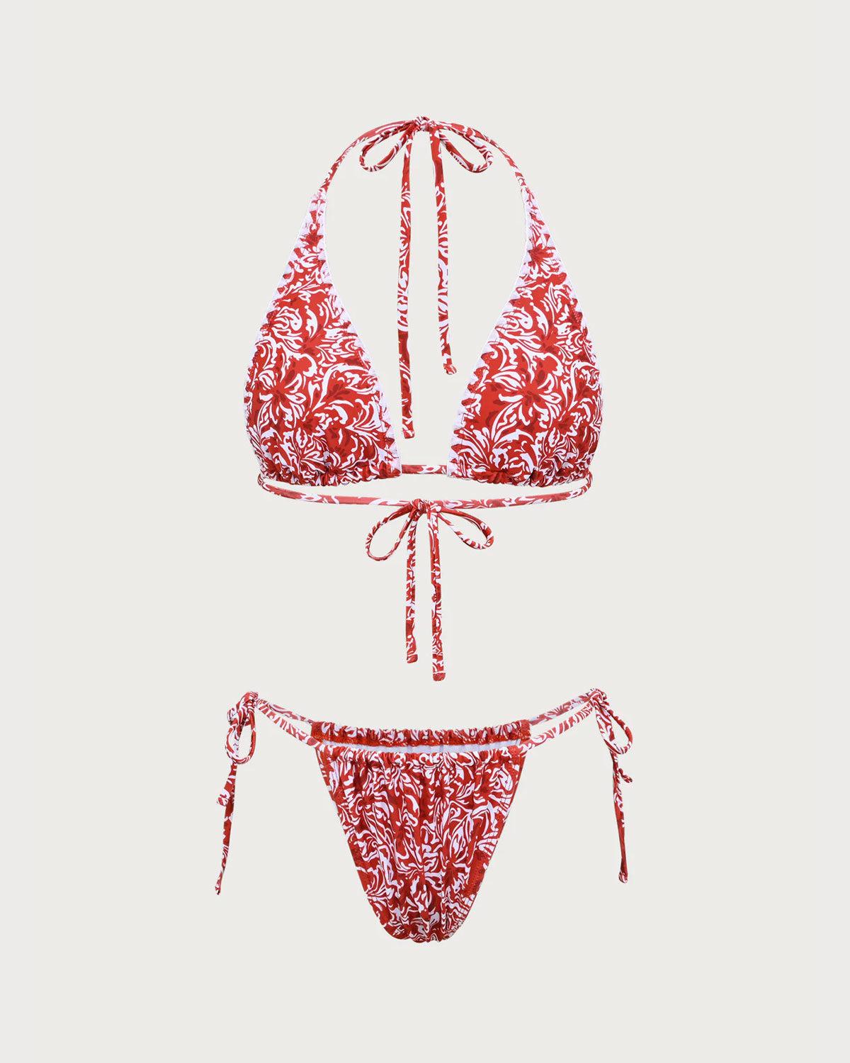 Red Floral Halter Triangle Bikini Set Product Image
