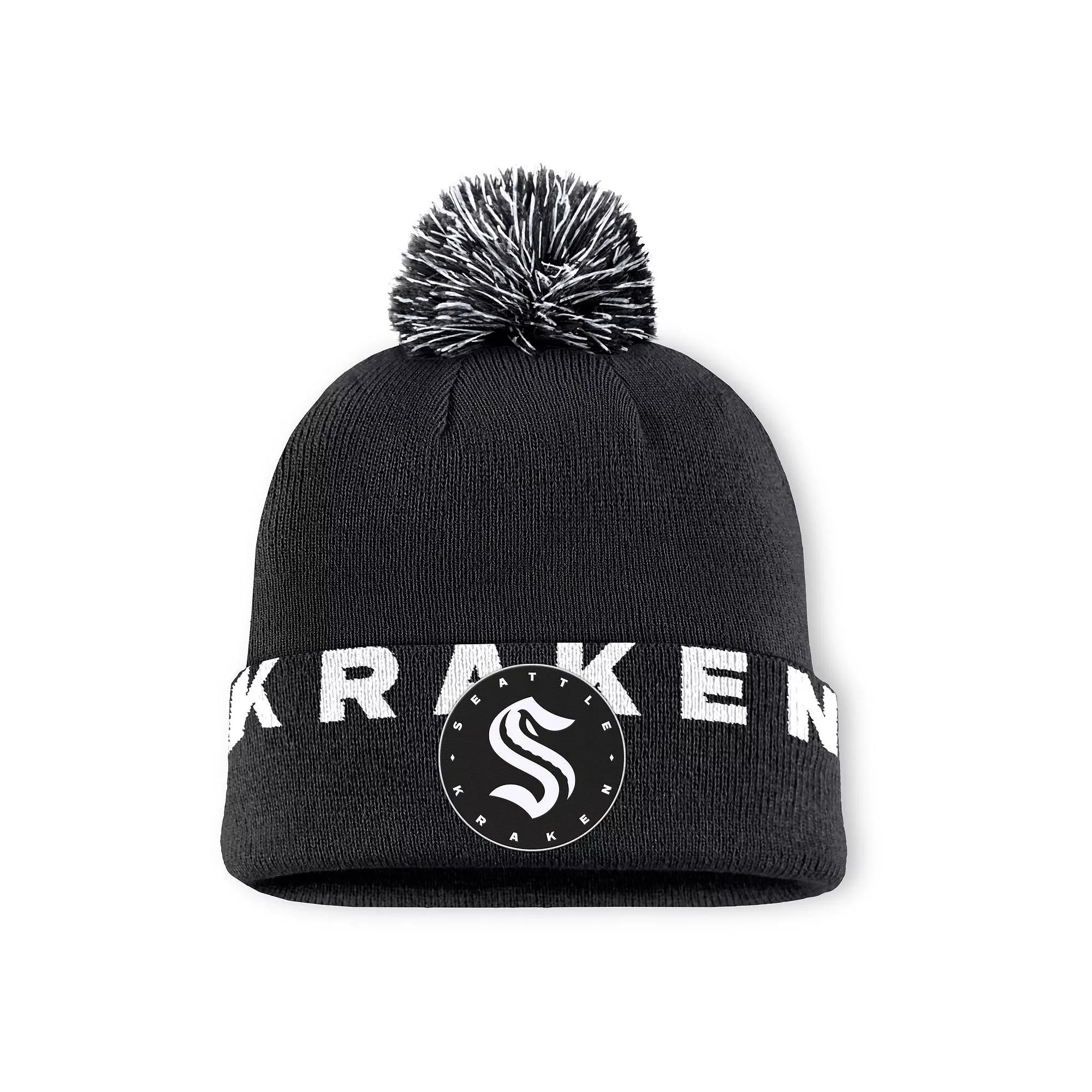 Men's Fanatics Black Seattle Kraken Fundamental High Stick Cuffed Knit Hat with Pom, Krk Black Product Image