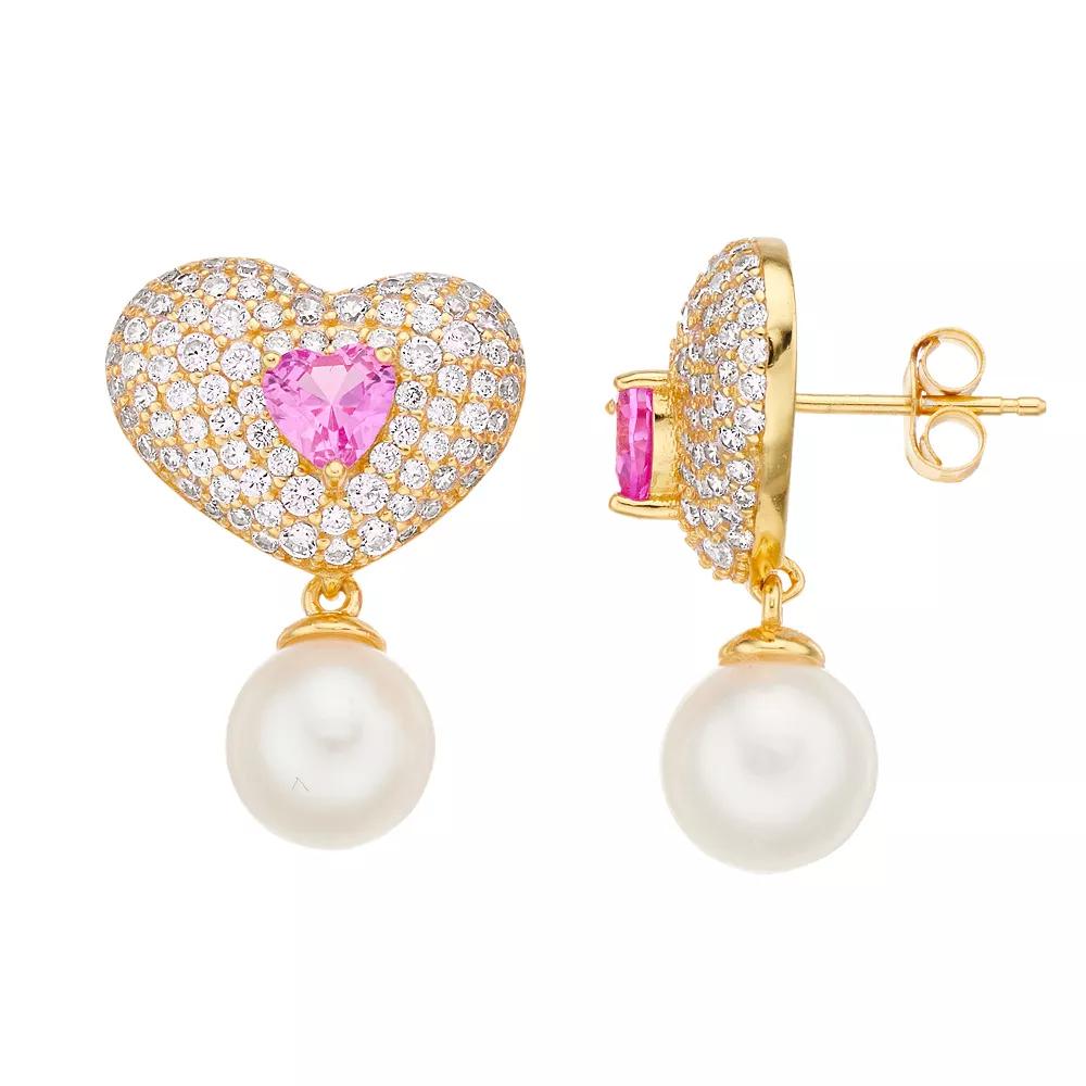 14k Gold Over Silver Cubic Zirconia & Cultured Pearl Heart Drop Earrings, Women's, Gold Tone Product Image