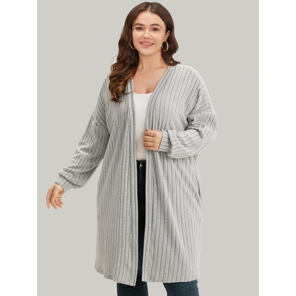 Plus Size Plain Pocket Texture Open Front Kimono Women Gray Casual Texture Pocket Dailywear Kimonos BloomChic 14-16/1X Product Image