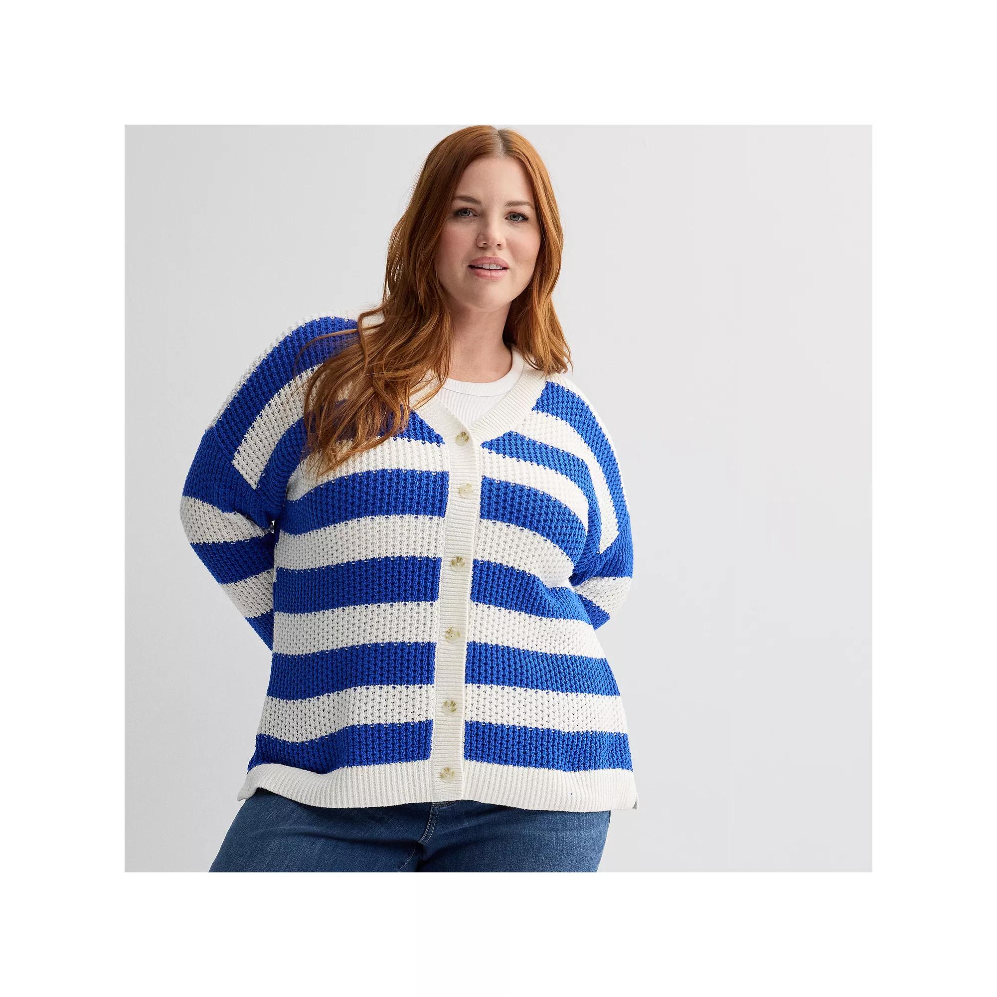 Plus Size Sonoma Goods For Life® Striped Button-Front Cardigan, Women's, Size: 1XL, Bold Blue Stripe Product Image