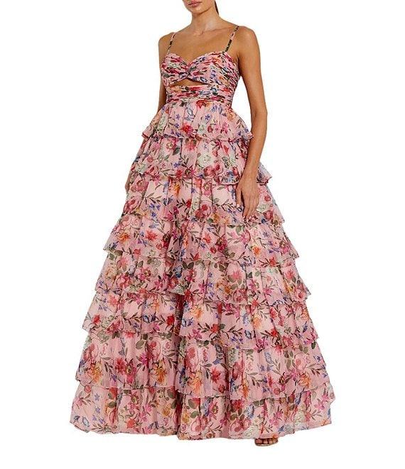 Mac Duggal Floral Print Sweetheart Neck Spaghetti Strap Sleeveless Cut Out Open Back Detail Ruffle Tiered Ball Gown Product Image