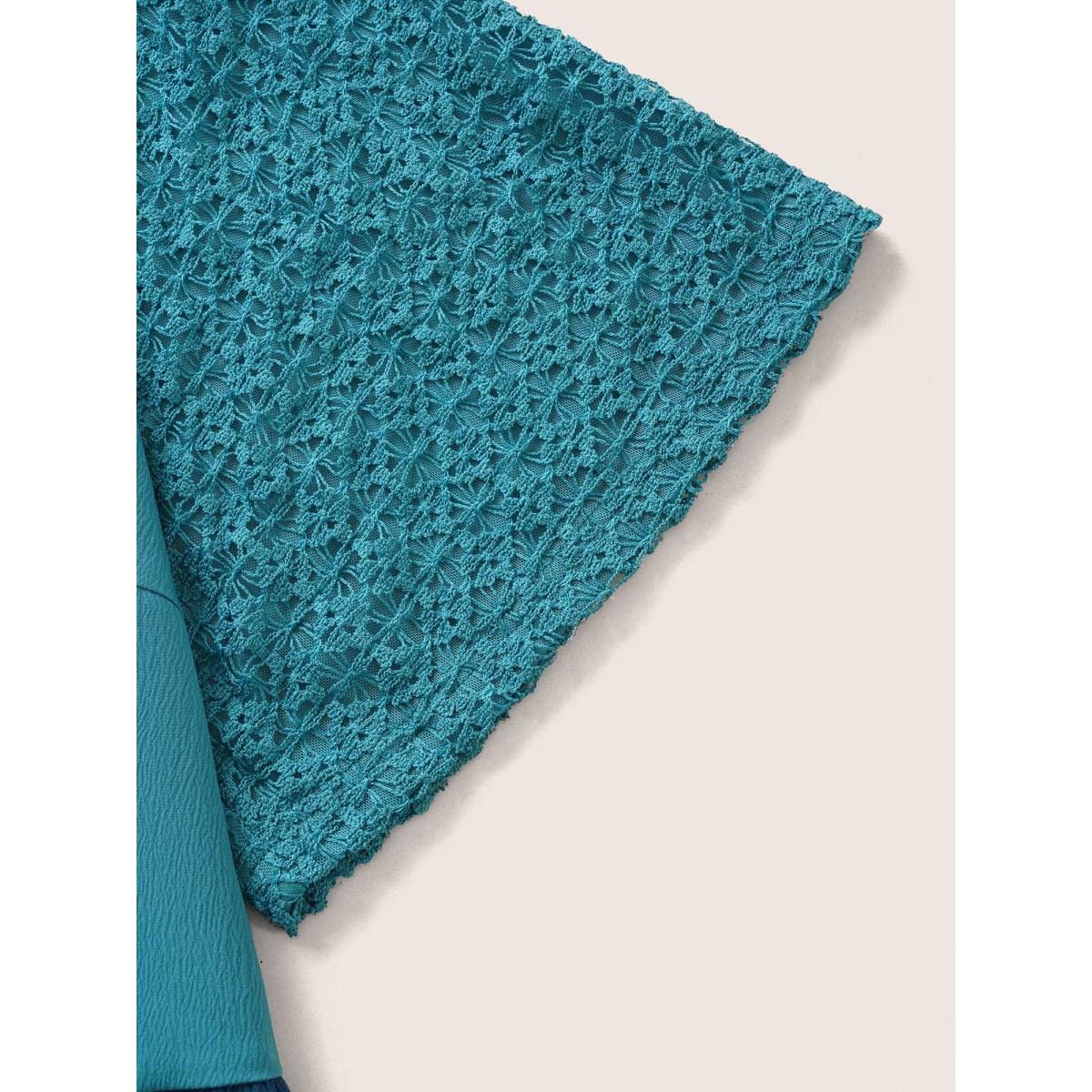 Plus Size Cerulean Colorblock Contrast Lace Panel Raglan Sleeve Blouse Women Casual Short sleeve Round Neck Everyday Blouses BloomChic 26/4X Product Image