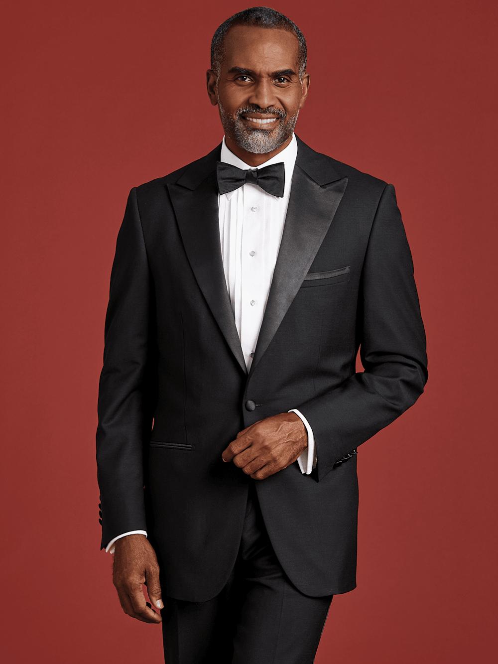 Wool Stretch Single Breasted Peak Lapel Tuxedo Jacket - Black Product Image