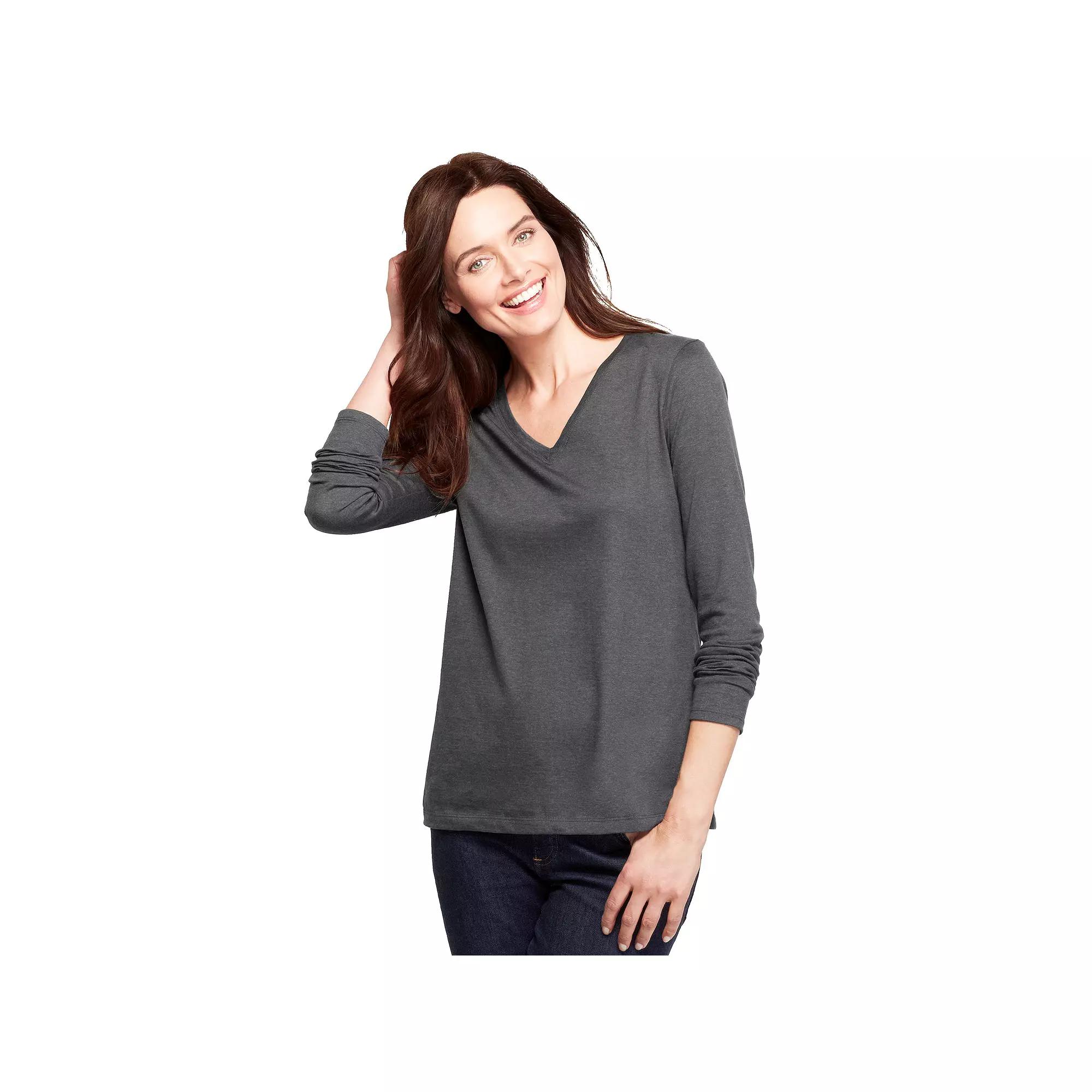 Women's Lands' End Relaxed-Fit Supima Long Sleeve Cotton V-Neck Tee,  Product Image