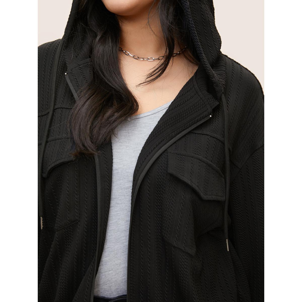 Plus Size Plisse Drawstring Hooded Flap Pocket Front Jacket Women Black Non Patch pocket Everyday Jackets BloomChic 28/5X Product Image