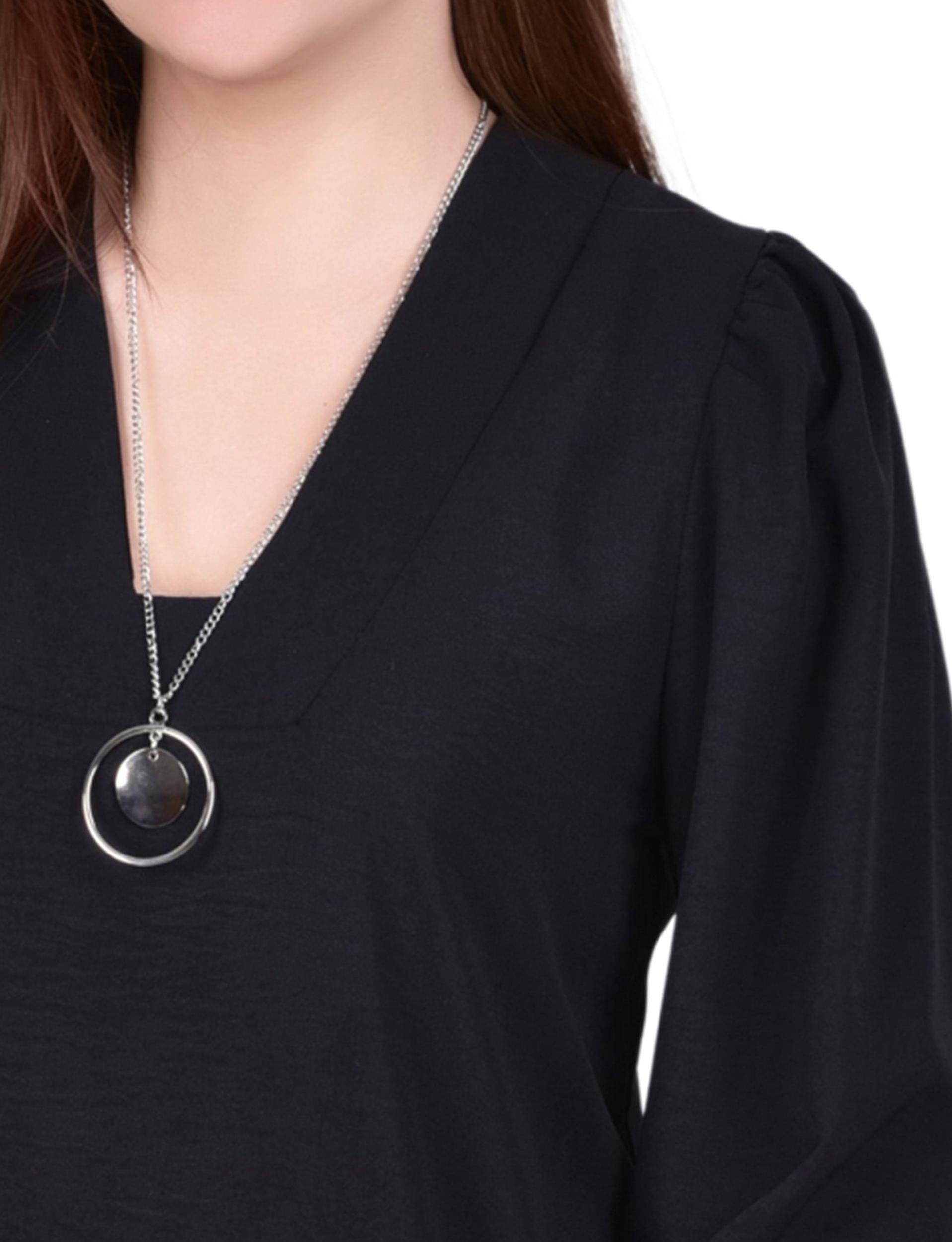 Black 3/4 Sleeve Blouse With Necklace - Petite Product Image