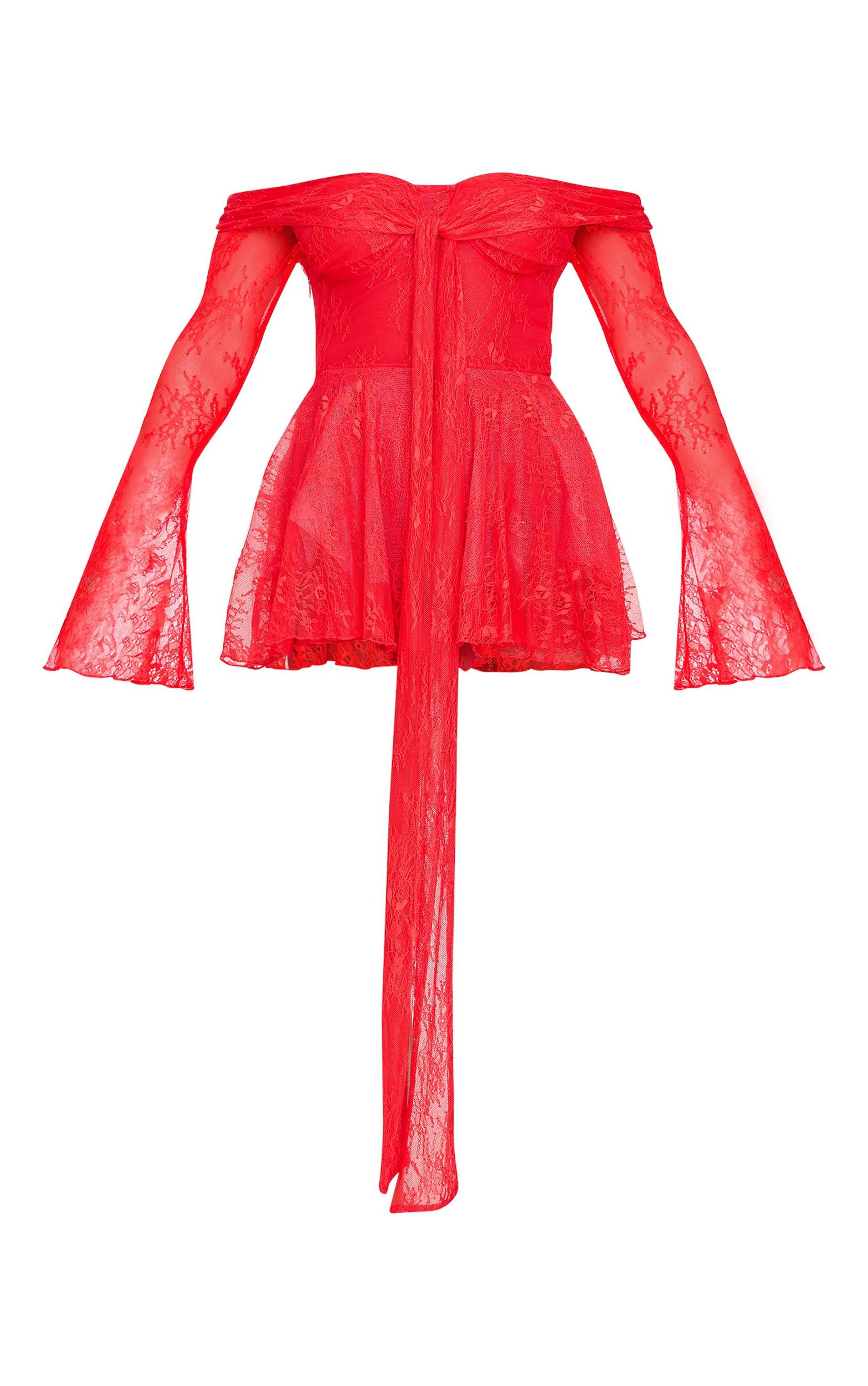 Red Lace Bardot Tie Front Romper Product Image