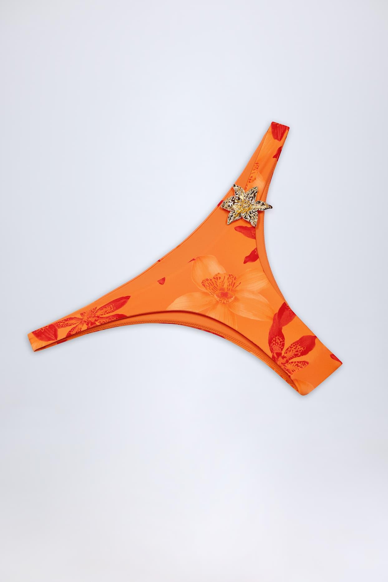 Hardware-Detail Cheeky Bikini Bottoms in Orange Orchid Print Product Image