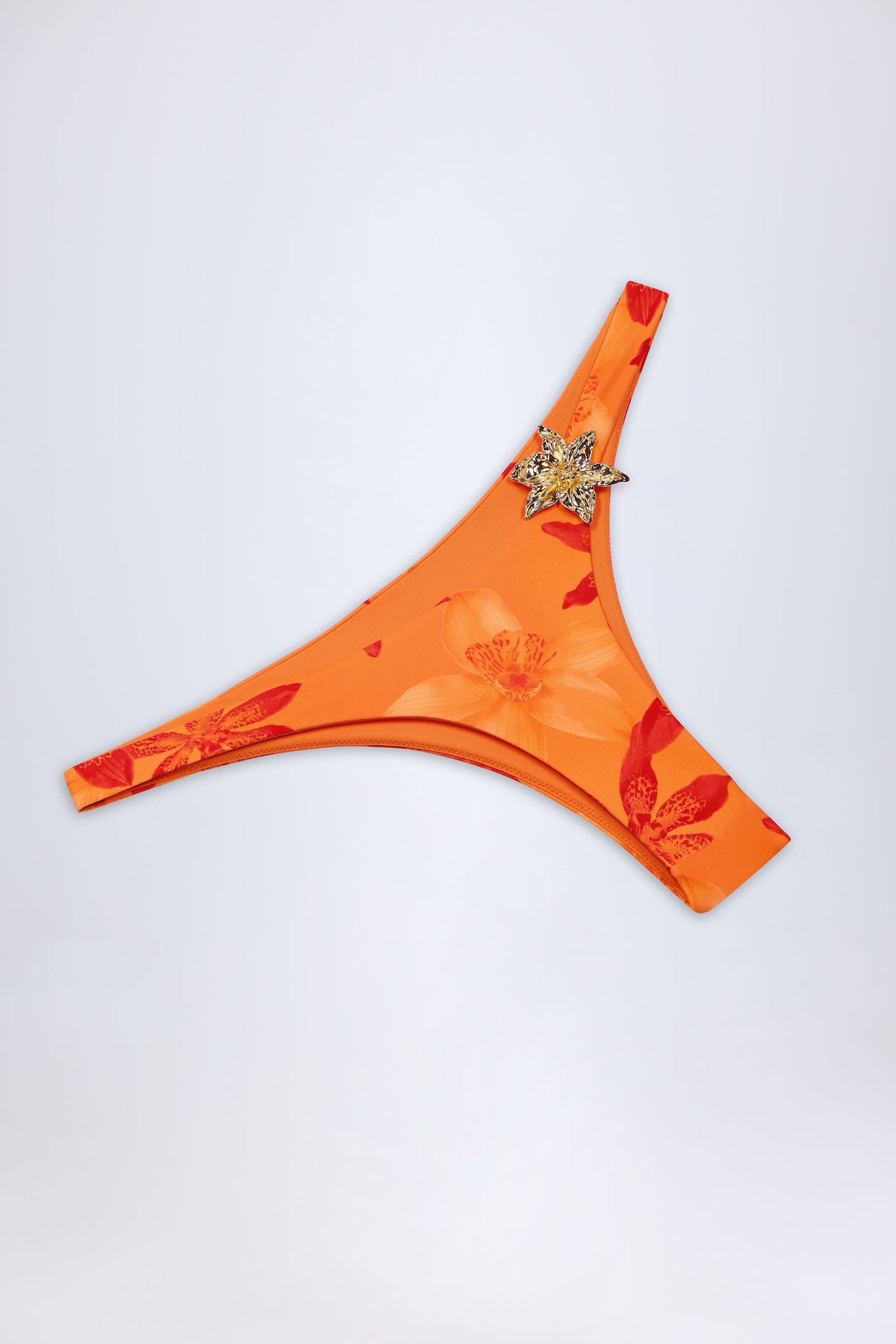 Hardware-Detail Cheeky Bikini Bottoms in Orange Orchid Print Product Image