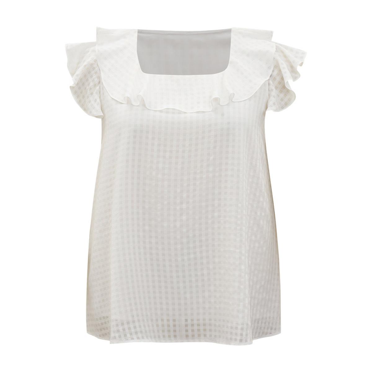 Plus Size Ivory Gingham Flutter Cap Sleeve Tiered Blouse Women Elegant Cap Sleeve Square Neck Dailywear Blouses BloomChic 30/6X Product Image