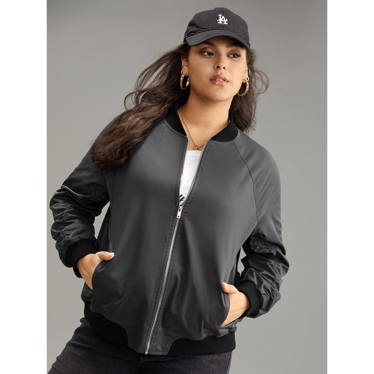 Plus Size Plain Pocket Patchwork Zipper Bomber Jacket Women DimGray Elastic cuffs Pocket Everyday Jackets BloomChic 12/L Product Image