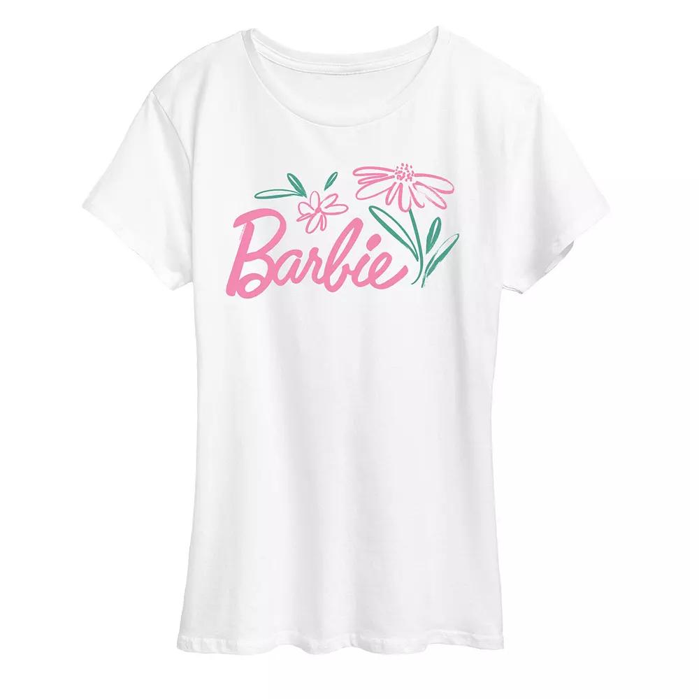 Women's Barbie Logo Brushed Flowers Graphic Tee,  Product Image
