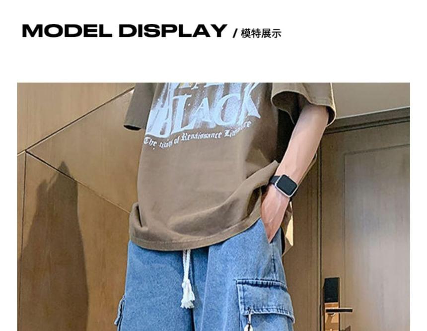 Drawstring Waist Washed Denim Wide Leg Cargo Shorts Product Image