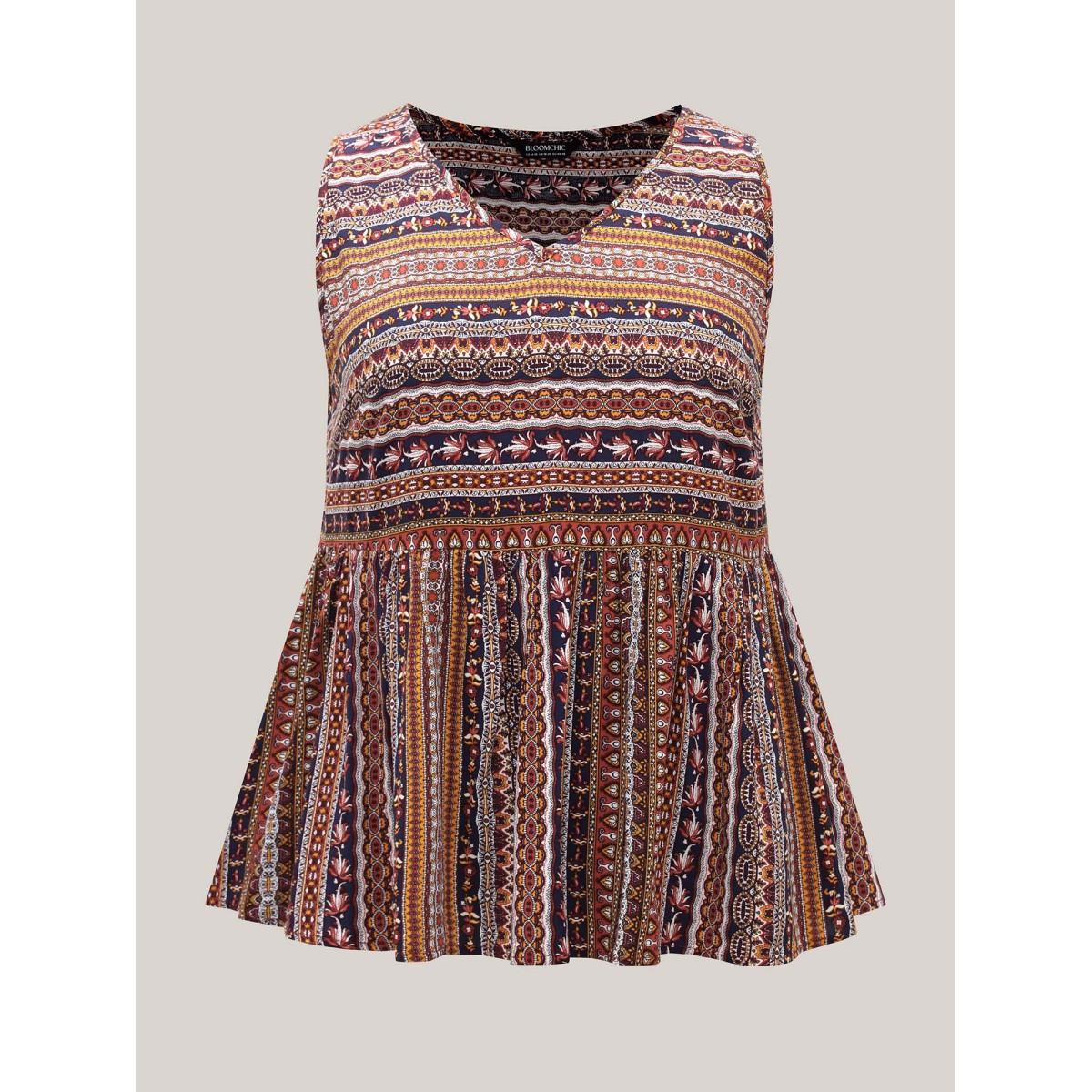 Plus Size Boho Stripe Print V-Neck Tank Top Women Indigo Boho Gathered V-neck Vacation Tank Tops Camis BloomChic 10/M Product Image