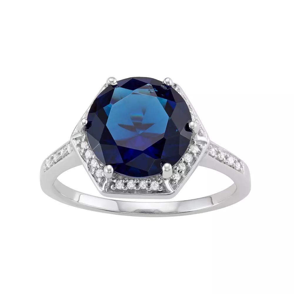 Jewelexcess Sterling Silver Lab-Created Sapphire & 1/10 Carat T.W. Diamond Halo Ring, Women's,  Product Image