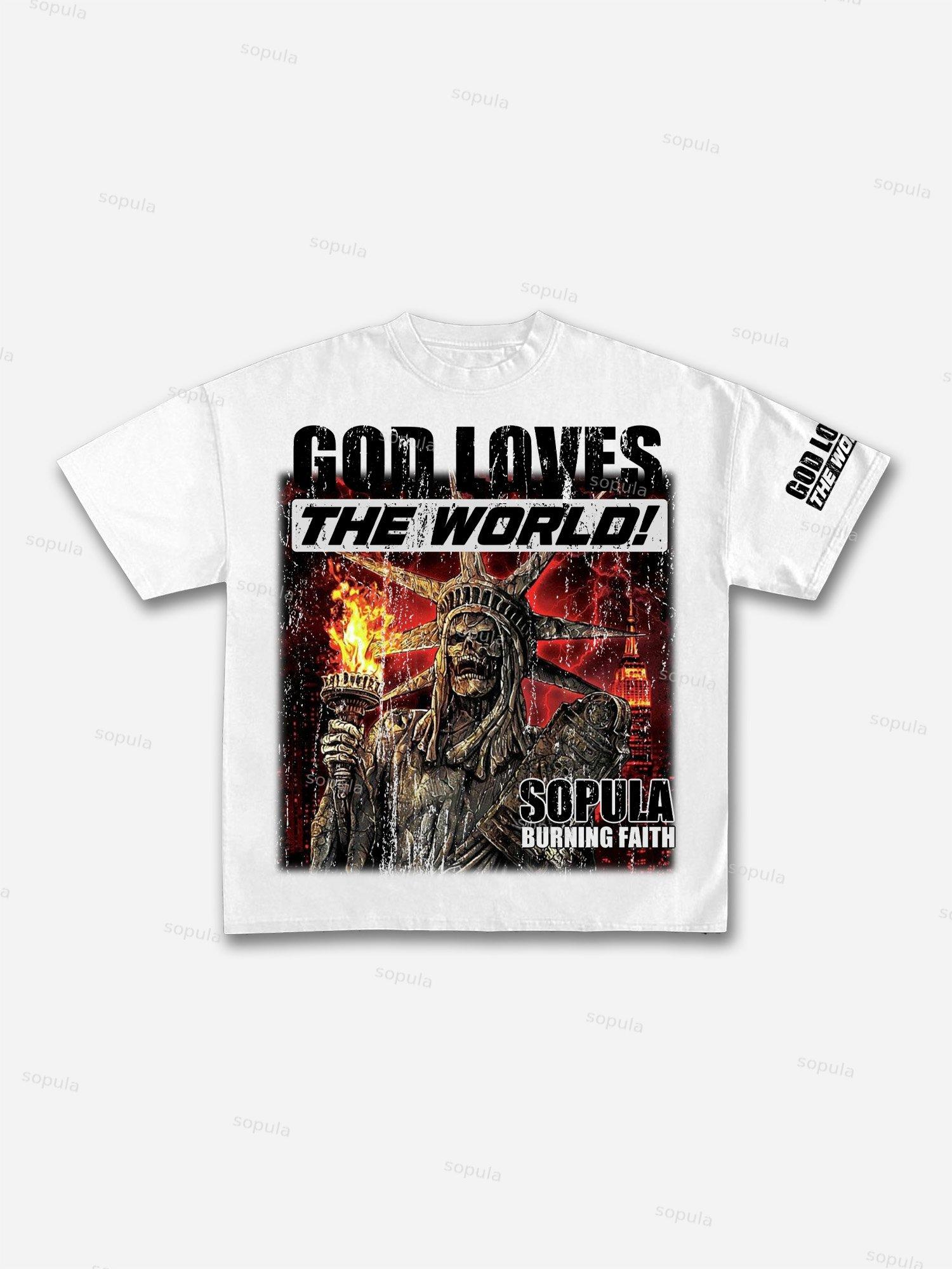 Men's God Loves The World Vintage Graphic Cotton T-Shirt Product Image
