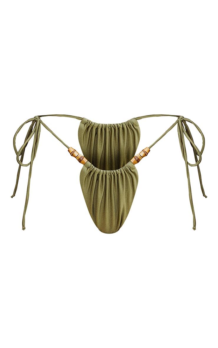 Olive Wooden Bead Ruched Tie Side Bikini Bottoms Product Image