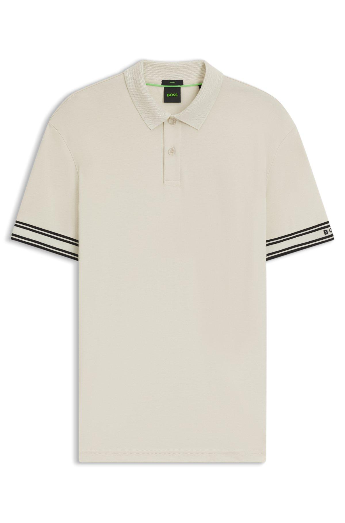 Slim-fit polo shirt in cotton with striped collar Product Image