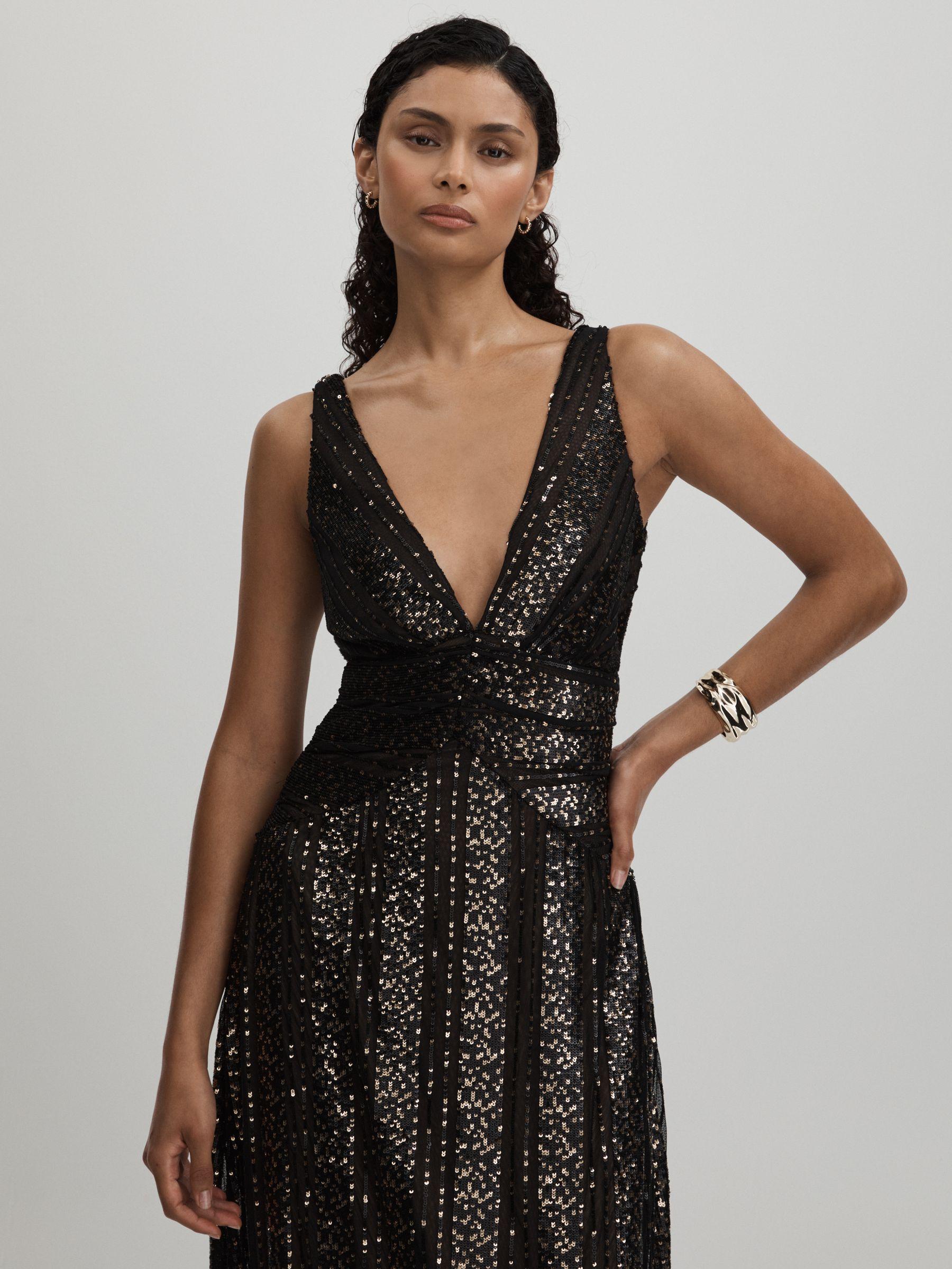 Halston Plunge Neck Sequin Maxi Dress in Black Product Image