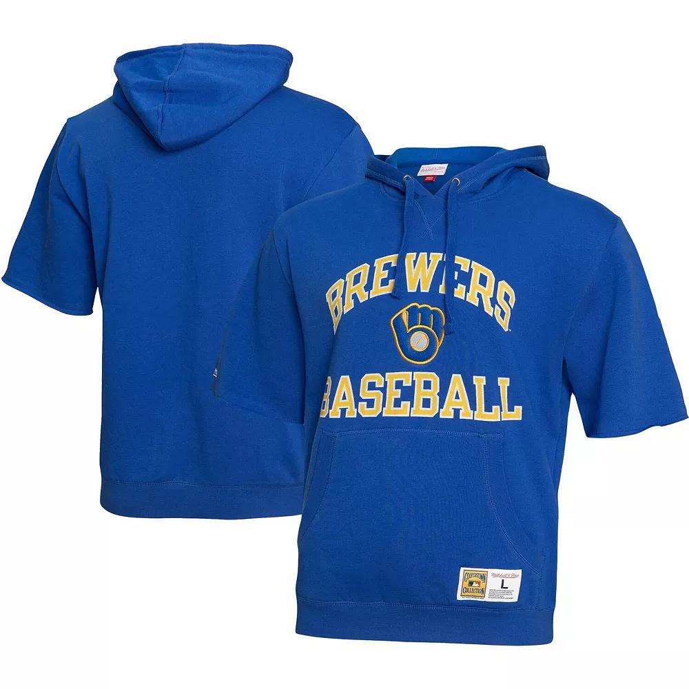 Men's Mitchell & Ness Royal Milwaukee Brewers Cooperstown Collection Washed Fleece Pullover Short Sleeve Hoodie, Size: Large, Blue Product Image