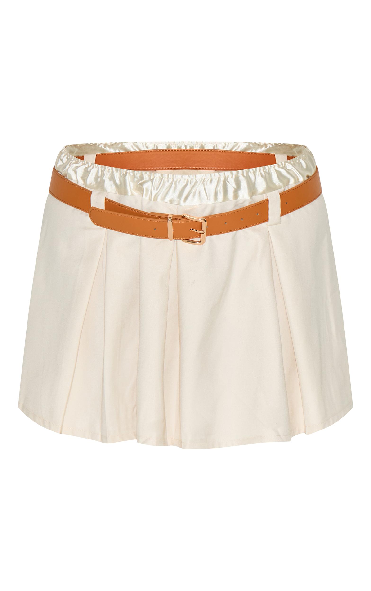 Plus Cream Double Waistband Belted Tailored Mini Skirt Product Image