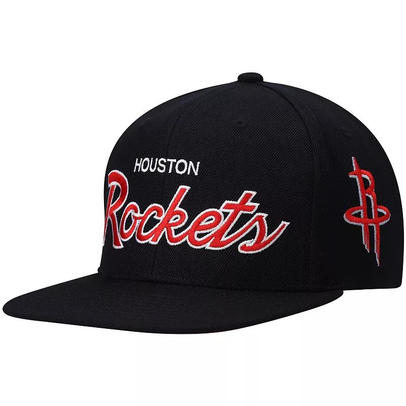 Men's Mitchell & Ness Black Houston Rockets Hardwood Classics Script 2.0 Snapback Hat Product Image