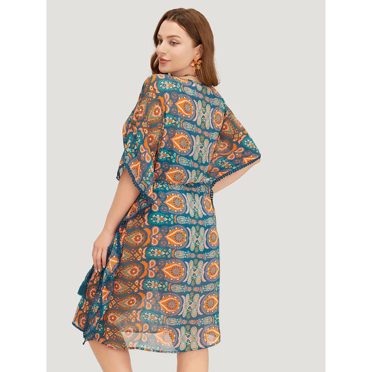 Plus Size Paisley Print Dolman Sleeve Tassels Pompom Trim Cover Up Women Multicolor Vacation See through Loose Belt Dailywear Kimonos BloomChic 10/M Product Image